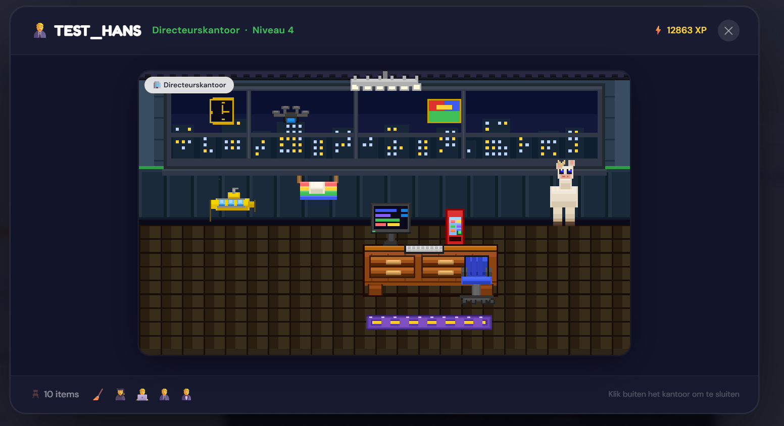 Virtueel kantoor in Ledger Legends met pixel art meubels en stadsgezicht