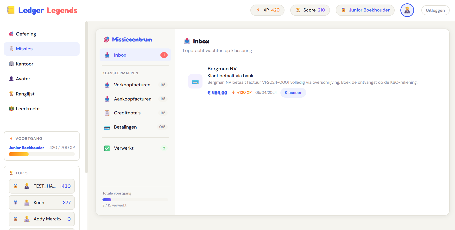 Ledger Legends missiecentrum met inbox, mappenstructuur en leaderboard