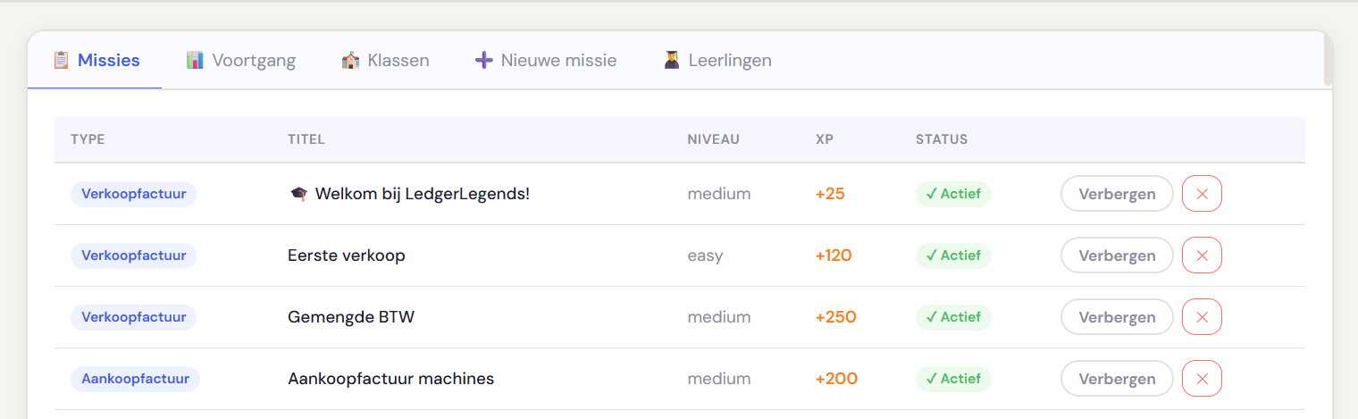 Missielijst in het leerkrachtenpaneel met type, niveau en XP-beloning