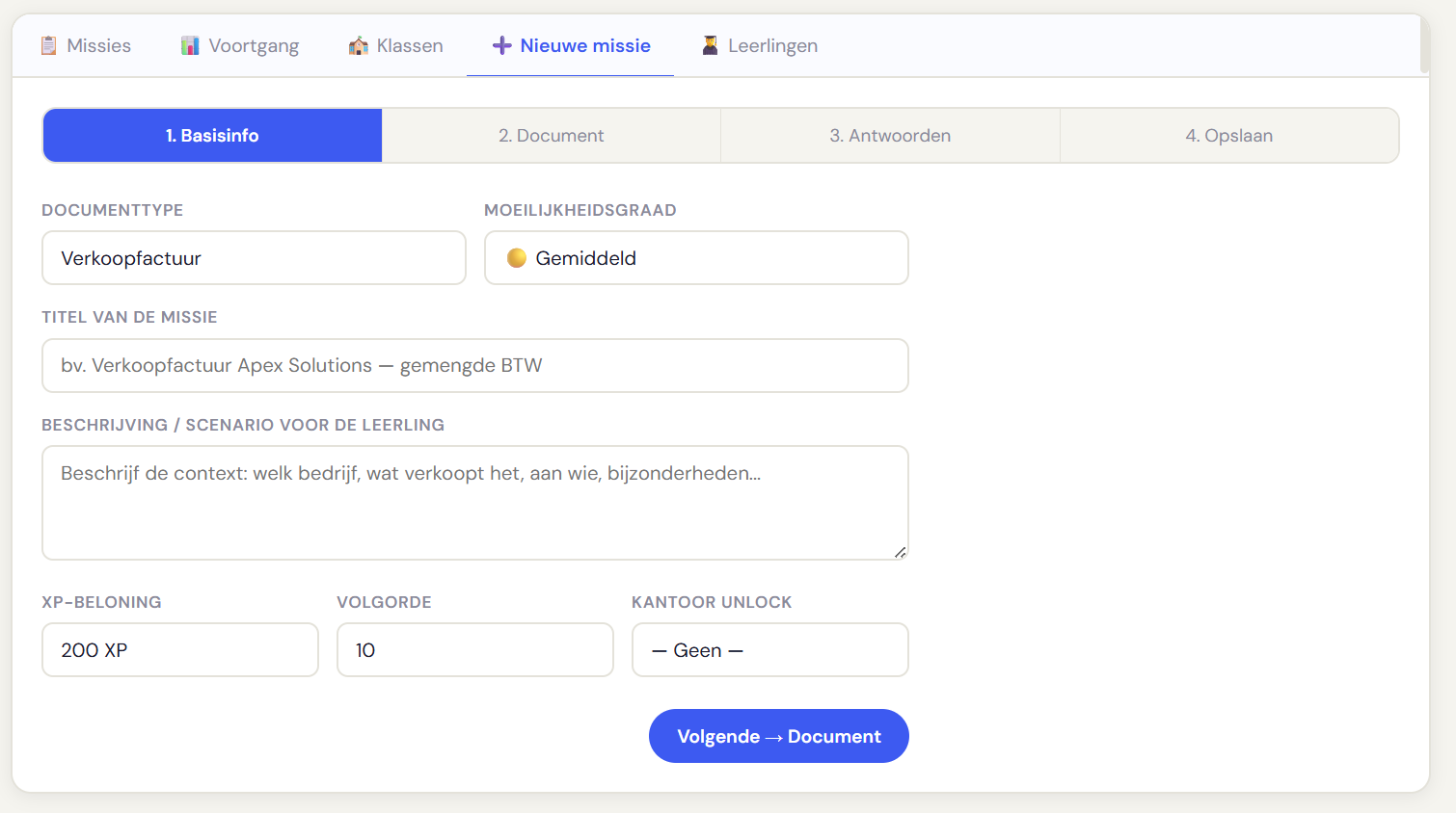 Mission Wizard in Ledger Legends: stap voor stap boekhoudoefeningen aanmaken