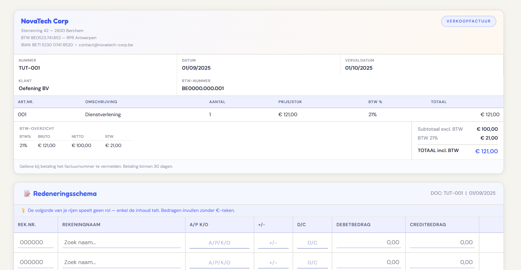 Voorbeeld boekhoudoefening met factuur en redeneringsschema in Ledger Legends