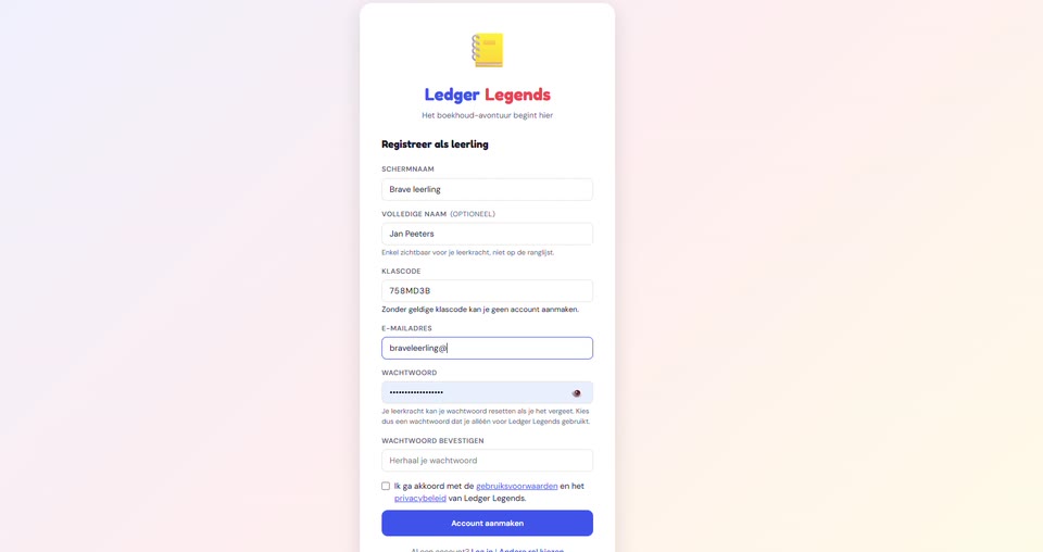 Registratiescherm voor leerlingen met een veld voor de klascode
