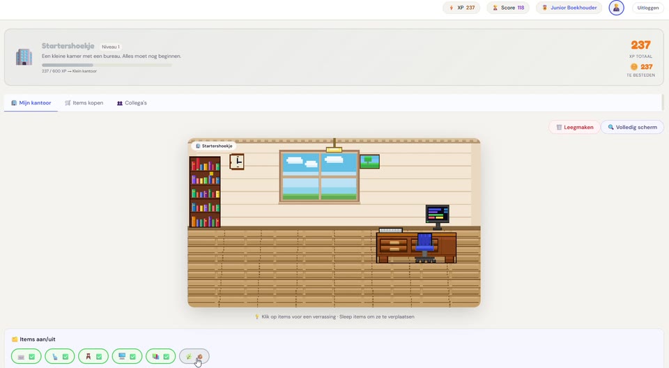 Virtueel kantoor in pixel art met boekenkast, bureau en raam
